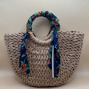 Aqua Tan Woven Tote with Blue Scarf Detail / The white lotus Edition